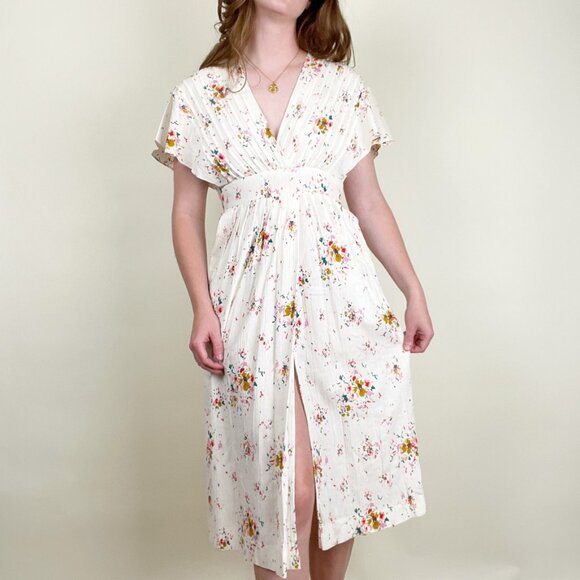 Vintage Floral Midi Sundress with Dolman Sleeves, Pleated, Slit Pockets - Picture 1 of 5